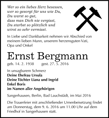 Traueranzeige von Ernst Bergmann von Mitteldeutsche Zeitung Sangerhausen