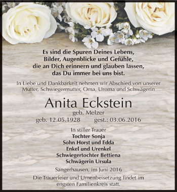 Traueranzeige von Anita Eckstein von Mitteldeutsche Zeitung Sangerhausen