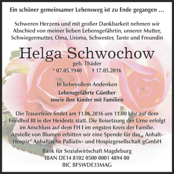 Traueranzeige von Helga Schwochow von WVG - Wochenspiegel Dessau / Köthen