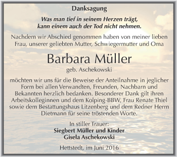 Traueranzeige von Barbara Müller von Wochenspiegel Mansfelder Land