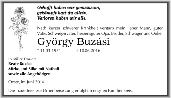 Traueranzeige von György Buzási von Mitteldeutsche Zeitung Mansfelder Land