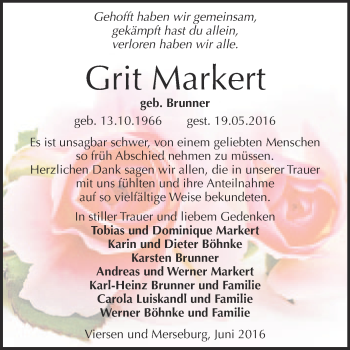 Traueranzeige von Grit Markert von WVG - Wochenspiegel Merseburg