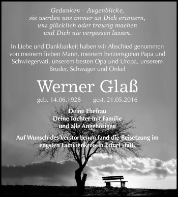 Traueranzeige von Werner Glaß von WVG - Wochenspiegel NMB / WSF / ZTZ