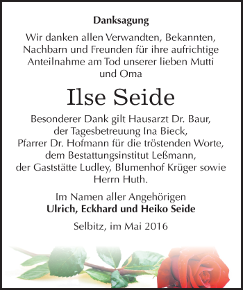 Traueranzeige von Ilse Seide von Mitteldeutsche Zeitung Wittenberg