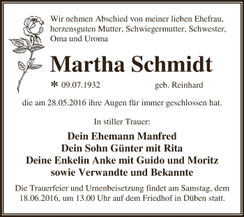 Traueranzeige von Martha Schmidt von WVG - Wochenspiegel Dessau / Köthen