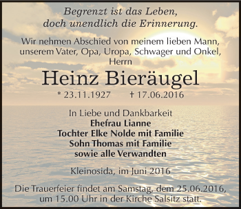 Traueranzeige von Heinz Bieräugel von Mitteldeutsche Zeitung Zeitz