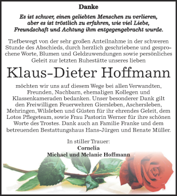 Traueranzeige von Klaus-Dieter Hoffmann von Super Sonntag Aschersleben