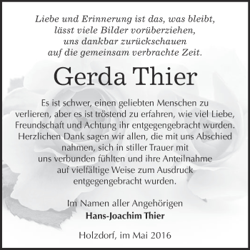 Traueranzeige von Gerda Thier von WVG - Wochenspiegel Wittenberg