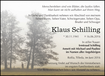 Traueranzeige von Klaus Schilling von WVG - Wochenspiegel SGH