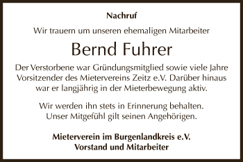 Traueranzeige von Bernd Fuhrer von WVG - Wochenspiegel NMB / WSF / ZTZ