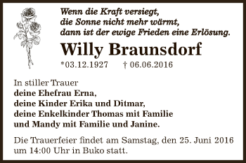Traueranzeige von Willy Braunsdorf von WVG - Wochenspiegel Dessau / Köthen