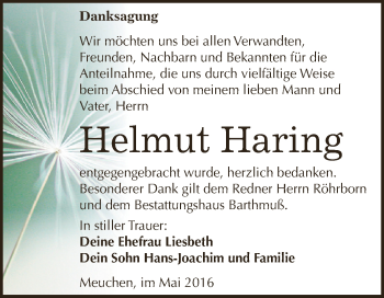 Traueranzeige von Helmut Haring von WVG - Wochenspiegel NMB / WSF / ZTZ