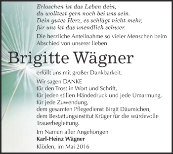 Traueranzeige von Brigitte Wägner von WVG - Wochenspiegel Wittenberg