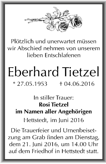 Traueranzeige von Eberhard Tietzel von Mitteldeutsche Zeitung Mansfelder Land