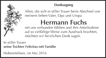 Traueranzeige von Hermann Fuchs von WVG - Wochenspiegel NMB / WSF / ZTZ