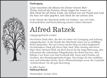Traueranzeige von Alfred Ratzek von WVG - Wochenspiegel Wittenberg