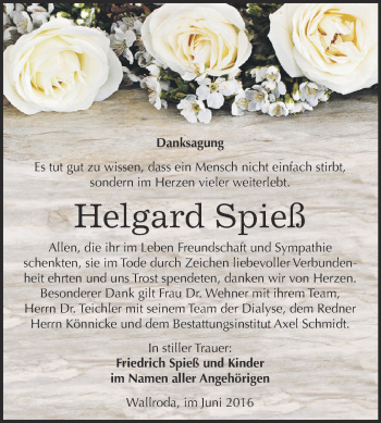 Traueranzeige von Helgard Spieß von WVG - Wochenspiegel NMB / WSF / ZTZ