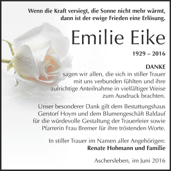 Traueranzeige von Emilie Eike von Super Sonntag Aschersleben