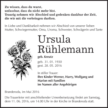 Traueranzeige von Ursula Rühlemann von WVG - Wochenspiegel Merseburg