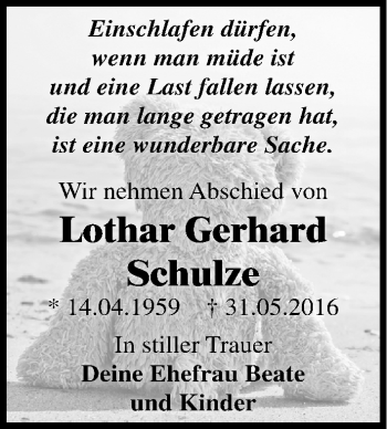 Traueranzeige von Lothar Gerhard Schulze von Mitteldeutsche Zeitung Dessau-Roßlau