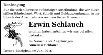 Traueranzeige von Erwin Schlauch von Mitteldeutsche Zeitung Dessau-Roßlau