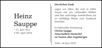 Traueranzeige von Heinz Sauppe von Super Sonntag Zeitz