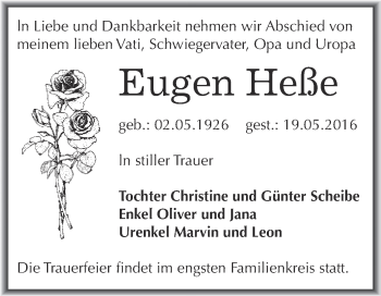 Traueranzeige von Eugen Heße von WVG - Wochenspiegel Dessau / Köthen