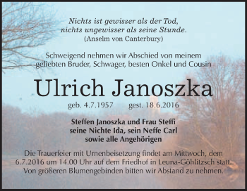 Traueranzeige von Ulrich Janoszka von WVG - Wochenspiegel Merseburg
