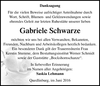 Traueranzeige von Gabriele Schwarze von Mitteldeutsche Zeitung Quedlinburg