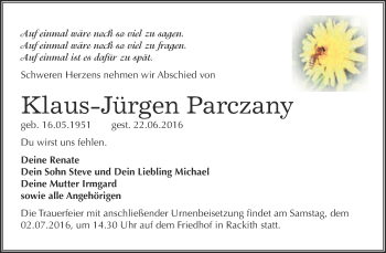 Traueranzeige von Klaus-Jürgen Parczany von WVG - Wochenspiegel Wittenberg