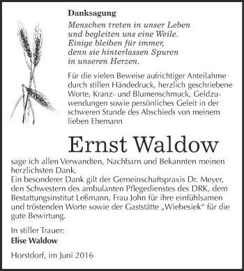Traueranzeige von Ernst Waldow von Super Sonntag Wittenberg