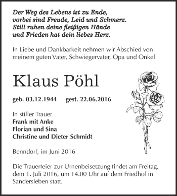 Traueranzeige von Klaus Pöhl von Wochenspiegel Mansfelder Land