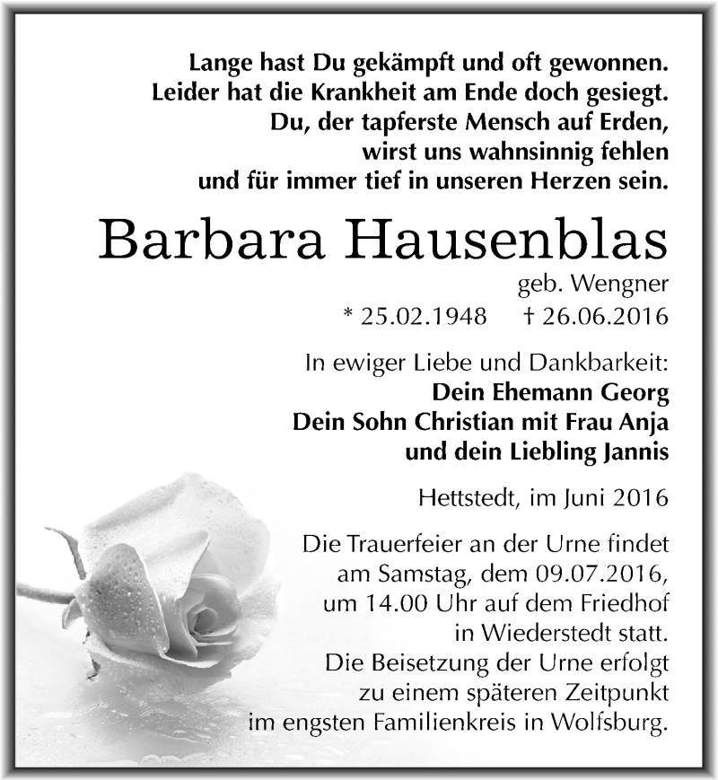  Traueranzeige für Barbara Hausenblas vom 29.06.2016 aus Mitteldeutsche Zeitung Mansfelder Land