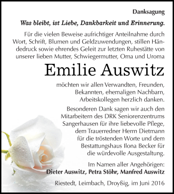 Traueranzeige von Emilie Auswitz von Super Sonntag SGH Mansf. Land