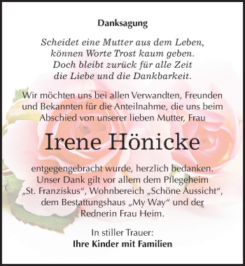 Traueranzeige von Irene Hönicke von Mitteldeutsche Zeitung Weißenfels