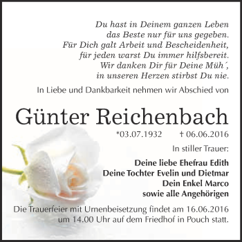Traueranzeige von Günter Reichenbach von WVG - Wochenspiegel Bitterfeld