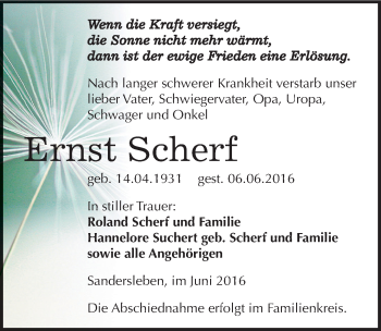 Traueranzeige von Ernst Scherf von Mitteldeutsche Zeitung Mansfelder Land