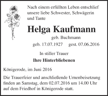 Traueranzeige von Helga Kaufmann von WVG - Wochenspiegel Quedlinburg