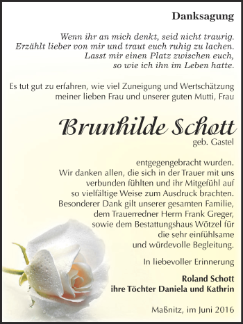 Traueranzeige von Brunhilde Schott von Super Sonntag Zeitz