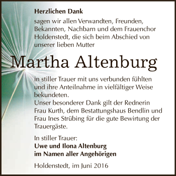 Traueranzeige von Martha Altenburg von Super Sonntag SGH Mansf. Land