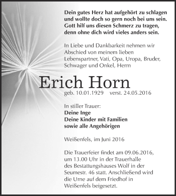Traueranzeige von Erich Horn von WVG - Wochenspiegel NMB / WSF / ZTZ