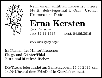 Traueranzeige von Erna Kersten von Mitteldeutsche Zeitung Aschersleben