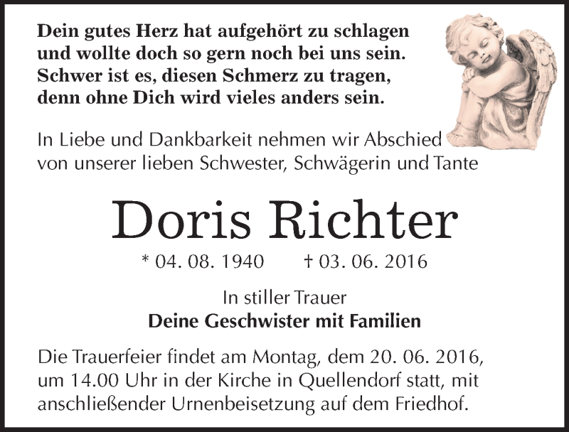  Traueranzeige für Doris Richter vom 08.06.2016 aus Mitteldeutsche Zeitung Dessau-Roßlau