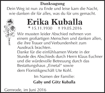 Traueranzeige von Erika Kuballa von Super Sonntag Quedlinburg
