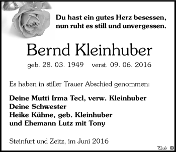 Traueranzeige von Bernd Kleinhuber von Mitteldeutsche Zeitung Zeitz