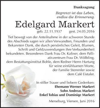 Traueranzeige von Edelgard Markert von Mitteldeutsche Zeitung Merseburg/Querfurt