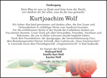 Traueranzeige von Kurtjoachim Wolf von WVG - Wochenspiegel Quedlinburg
