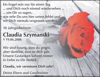Traueranzeige von Claudia Szymanski von Wochenspiegel Mansfelder Land