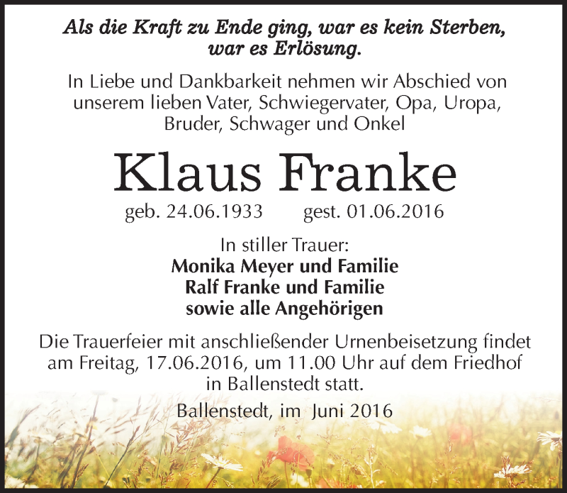  Traueranzeige für Klaus Franke vom 07.06.2016 aus Mitteldeutsche Zeitung Quedlinburg