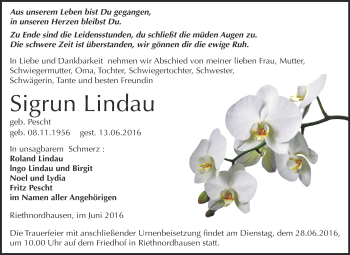 Traueranzeige von Sigrun Lindau von Super Sonntag SGH Mansf. Land
